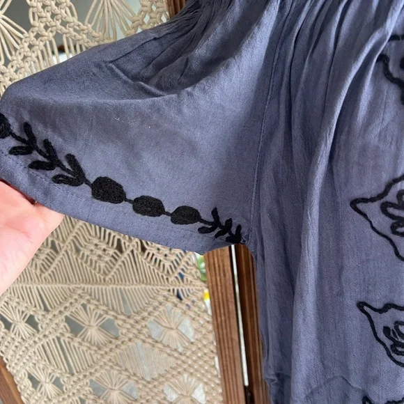 Dark Blue and Black Off the Shoulder Embroidered Tunic Mini Dress - Picture 3 of 8